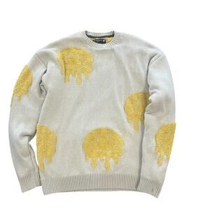 Mens Retrofit Smiley Sweater Size Medium Yellow Tan Knit Smiley Face Happy Edgy